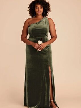 Birdy Grey One-Shoulder Olive Velvet Gown with Side Slit
